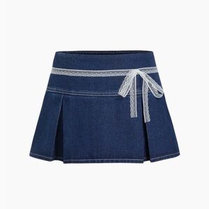 Cider Blue Denim Mini Skirt with White Lace Detail